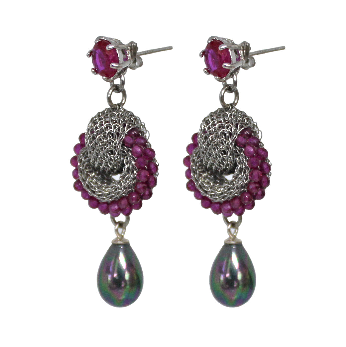 Knot earrings Rubies pearl